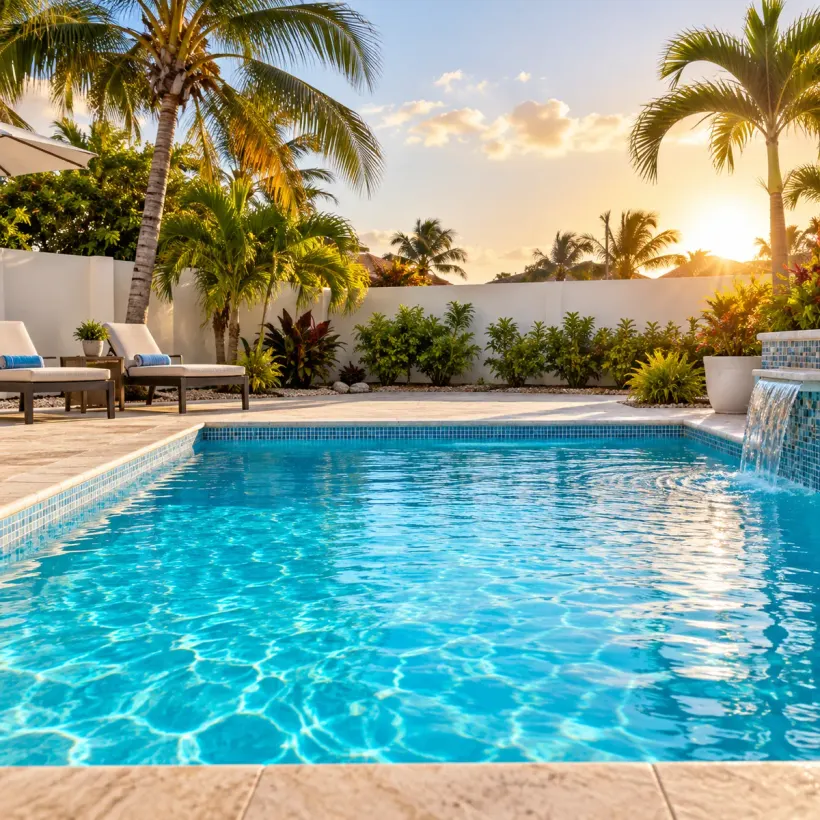 Finished residential pool with crystal-clear water, the result of Living Water Aruba's complete care