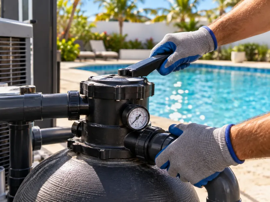 Professional pool maintenance service by Living Water Aruba