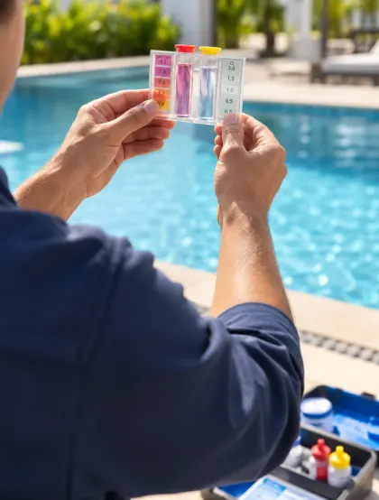 Living Water Aruba technician checking a pool water test kit