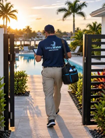 Living Water Aruba technician arriving on schedule, checking a service tablet